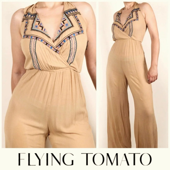 FLYING TOMATO Halter Neck Embroidered Khaki Wide Leg Jumpsuit, High Low Hem, L - Picture 1 of 16